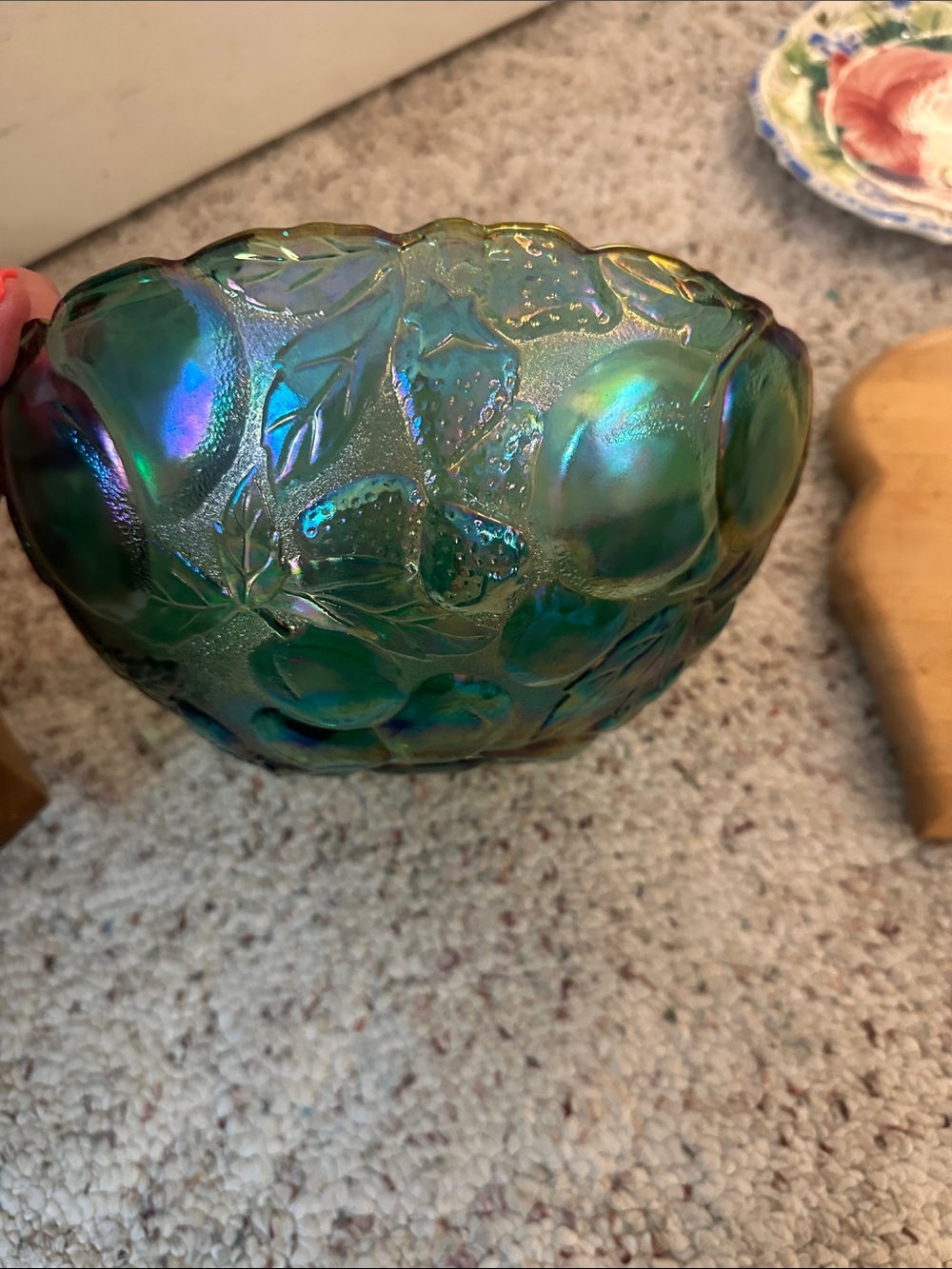 Vintage Indiana Glass Madeira Iridescent Green Carnival Glass Bowl